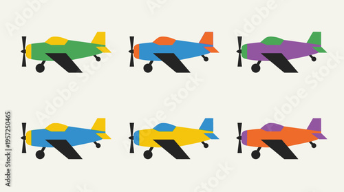 A grid of six colorful cartoon propeller airplanes in various vibrant color combinations, featuring green, blue, purple, yellow, and orange hues.