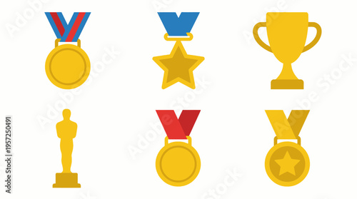 Collection of various golden awards, medals, trophies, and statuettes with colorful ribbons on a white background, symbolizing achievement and success.