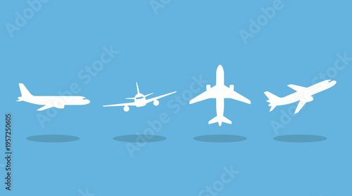 Four white airplane silhouettes with shadows on a blue background, depicting various aircraft views and flight perspectives.