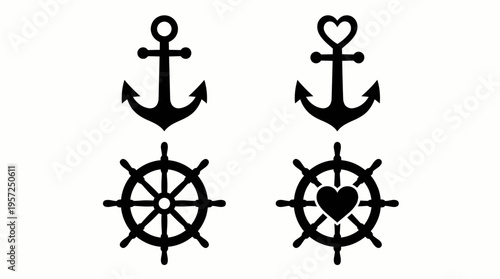 Black silhouette nautical symbols featuring anchors and ship's wheels, with one set incorporating heart motifs for a romantic touch.