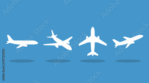 Four white airplane silhouettes in various flight orientations against a blue background, representing air travel and aviation.