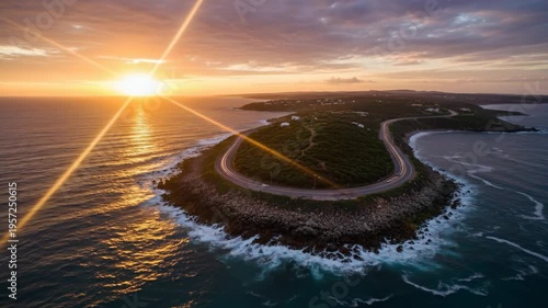Aerial View of Coastal Island During Sunset with Ocean Waves.