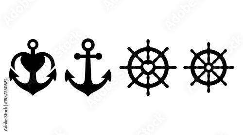 Four black silhouette nautical symbols including anchors and ship wheels, two with heart details, on a white background.