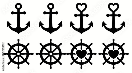 Set of black silhouette nautical symbols including anchors and ship wheels, some with heart details.