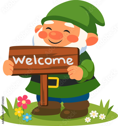 Cute Garden Gnome Holding Welcome Sign – Funny Cartoon Gnome Character for Garden Greeting, Flat Style Illustration