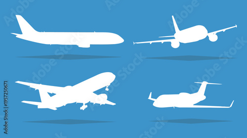 Four white airplane silhouettes on a blue background, depicting various aircraft types in different flight stages and positions.