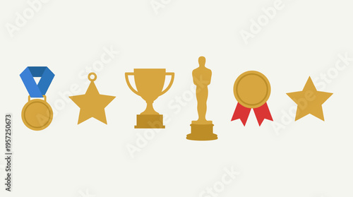 A collection of golden award icons including medals, stars, a trophy cup, and a statuette, symbolizing achievement and recognition on a light background.