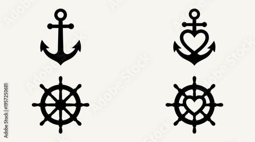 Four black silhouette icons featuring nautical symbols: two anchors and two ship wheels, with heart variations.