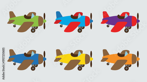 Six colorful cartoon airplanes with propellers and landing gear, arranged in two rows on a light gray background, perfect for children's themes.