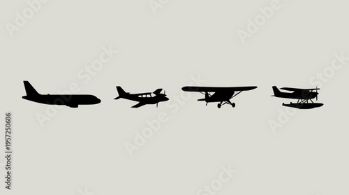 Silhouettes of various aircraft types including a commercial airliner, a small propeller plane, a monoplane, and a seaplane on a light background.