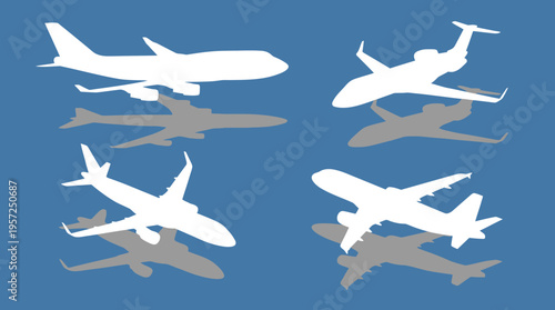 Four white airplane silhouettes with grey shadows on a blue background, depicting various aircraft types.