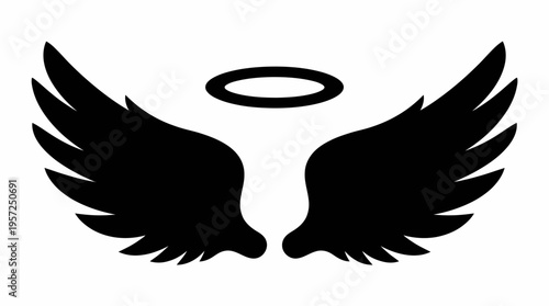 Black angel wings with a halo floating above them, a symbolic graphic illustration.