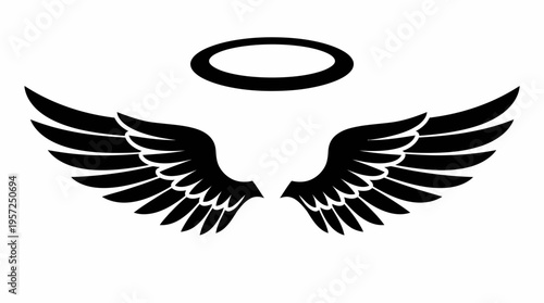 Black silhouette of angel wings with a halo floating above them, symbolizing divinity, purity, and spirituality.