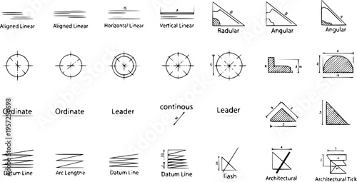 Technical Drawing Dimensioning Symbols Chart: Engineering and Architectural Drafting Conventions, including Linear, Angular, Radular, Ordinate, Leader, and Datum Lines.