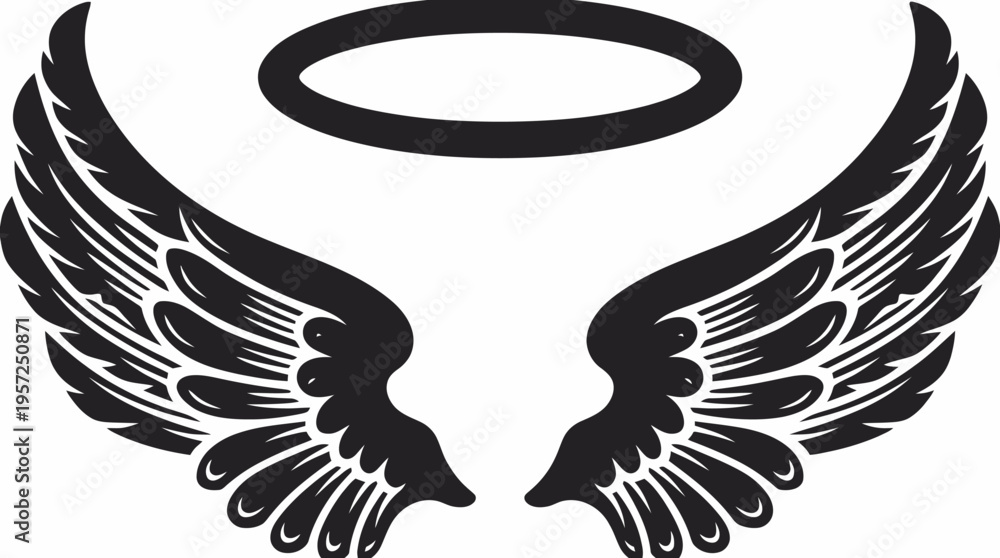Fototapeta premium Stylized black angel wings with a halo above, a graphic illustration representing divinity and freedom.