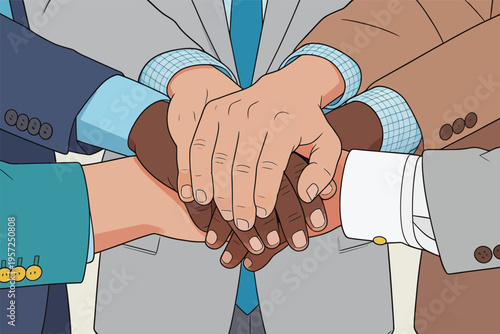 People joining hands together in collaboration at a business meeting to show unity and teamwork among diverse individuals