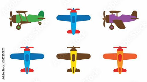 Collection of colorful cartoon airplanes, featuring both biplanes in side view and monoplanes in top-down view, on a white background.