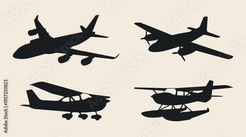 Silhouettes of various aircraft types including a commercial jet, a propeller plane, a small general aviation aircraft, and a seaplane.