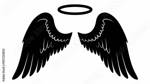 Black angel wings with a halo floating above them, depicted in a graphic, silhouette style on a white background.
