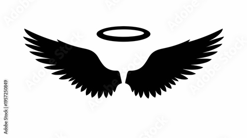 Black angel wings with a halo floating above, depicted as a simple graphic design element on a white background.
