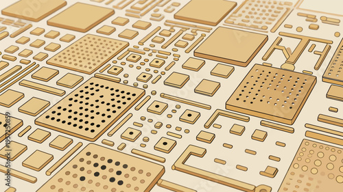 Complex circuit board design shows intricate patterns and shapes on a printed circuit