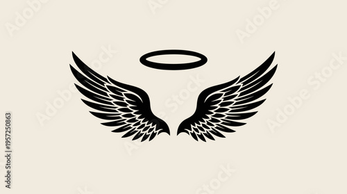 Black angel wings with a halo above, depicted in a graphic, emblem-like style on a light background.