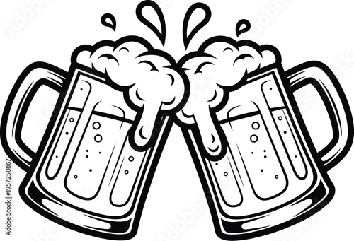 Clinking Beer Mugs Cheers Celebration Oktoberfest Drink Alcohol Toast Party Pub Bar Festival Beverage Foam Icon Vector Illustration