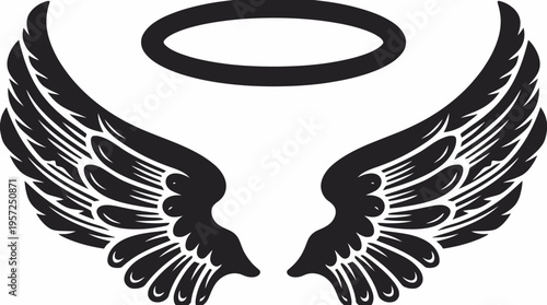 Stylized black angel wings with a halo above, a graphic illustration representing divinity and freedom.