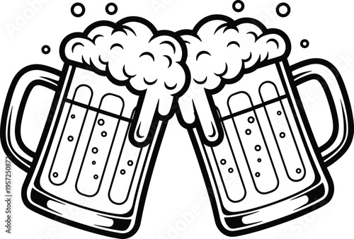 Clinking Beer Mugs Cheers Celebration Oktoberfest Drink Alcohol Toast Party Pub Bar Festival Foam Beverage Vector Illustration