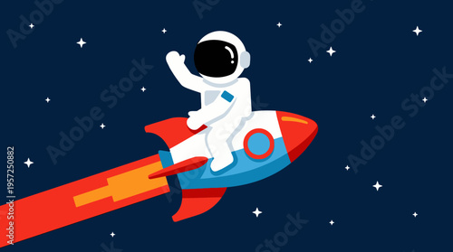Cartoon astronaut in a white spacesuit riding a red and blue rocket through a starry dark blue outer space, waving hello.