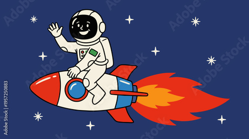 A cheerful cartoon astronaut in a white spacesuit waving while riding a red and white rocket through a starry dark blue outer space.