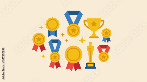A collection of golden medals, trophies, and awards in a flat design style, symbolizing success and achievement on a light background.
