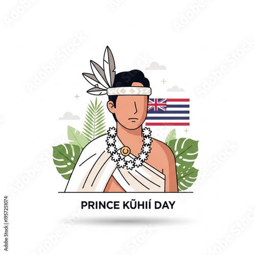 Prince Kūhiō Day Vector Illustration, Hawaiian Royal Portrait, Traditional ʻAhuʻula and Lei