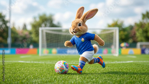 Plush bunny rabbit kicking colorful soccer ball towards goal on green field. Adorable toy animal in blue sports uniform playing football. Fun childrens sports activity and playful game concept