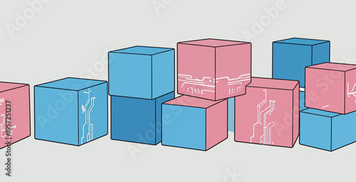 Colorful cubes with circuit designs arranged in a line on a light background during daytime