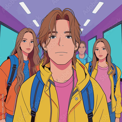 Group of young people in a hallway wearing colorful clothing with backpacks in a bright setting