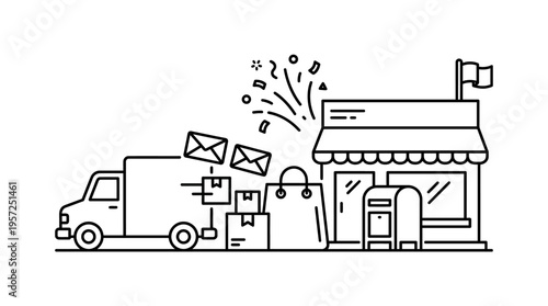 Delivery Truck Delivering Parcels and Mail to Storefront