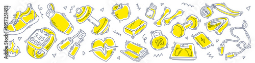 Fitness and workout icons set in hand drawn line art style with yellow color, sports equipment with sneakers, dumbbell, barbell, fitness tracker and yoga mat. Vector collection for workout and gym