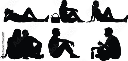 Relaxing people silhouettes sitting and lying poses, men and women casual leisure moments, social interaction and resting lifestyle isolated on white background concept