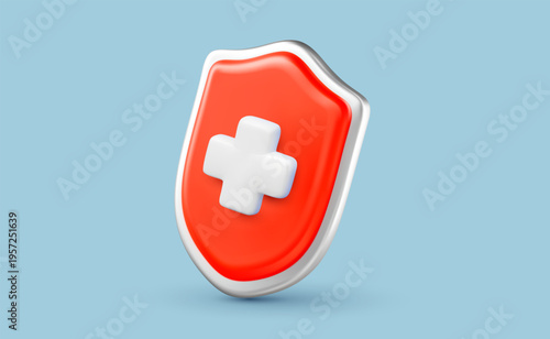 3d mesh red shield icon with white medical cross, realistic security and first aid protection symbol for healthcare and insurance. Vector illustration for emergency services