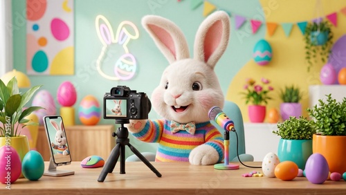 Easter bunny vlogger recording festive video with camera and microphone on tripod. Animated white rabbit character creating holiday content in colorful studio setup surrounded by eggs plants and