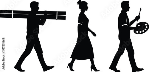 People walking silhouettes with professions, construction worker carrying boards, business woman stride, artist holding palette brush, career diversity concept isolated on white background