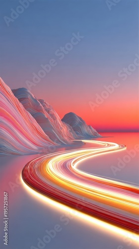 Winding illuminated path through abstract colorful mountains at sunset background blue