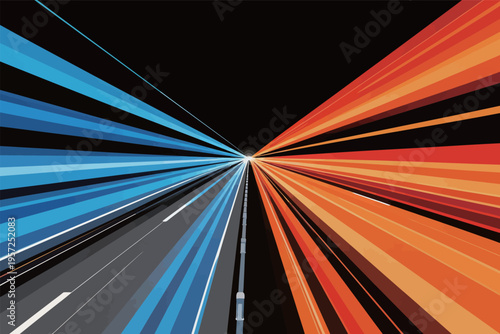 Bright colors burst from the center of a road with blue and orange lines spreading outward over a dark background
