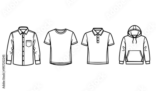 Men Clothing Icon Set with Jacket, T-Shirt, Polo Shirt, and Hoodie Outline for Fashion Design, Apparel Branding, Retail Graphics, and E-commerce Use