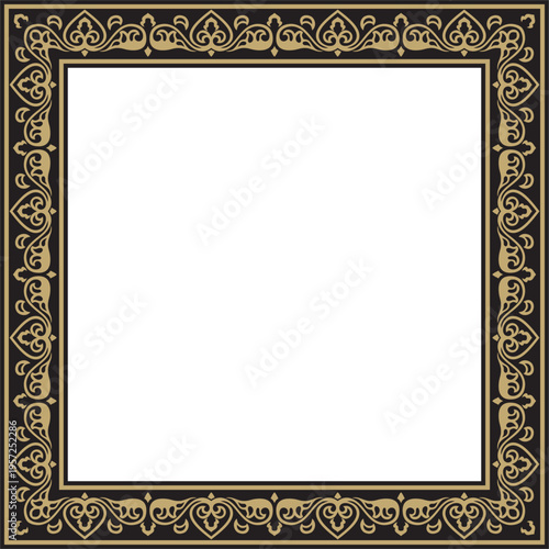 Vector square gold and black ancient Russian ornament. Slavic rectangle, border, frame. Painting of the royal chambers.