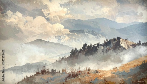 Serene misty mountain landscape painting.