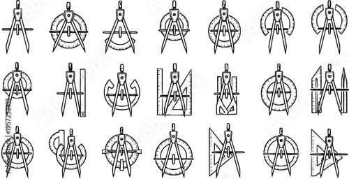 Set of black and white line art icons featuring a drawing compass combined with various drafting tools like protractors and rulers.
