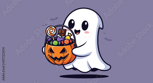 Smiling white ghost holding candy bucket.