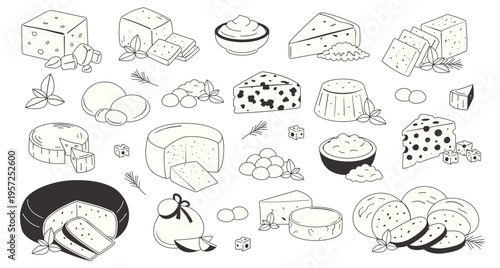 Hand‑drawn assorted cheese set with herbs, including hard, soft and fresh varieties, isolated on white background. Ideal for food, cooking, dairy and culinary illustration themes